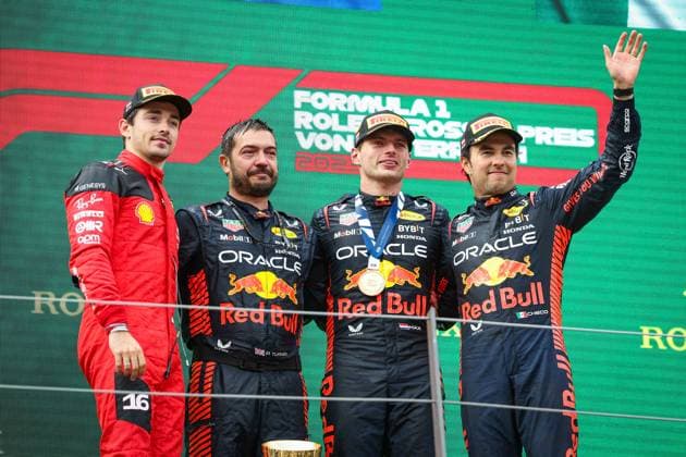 Podium: LECLERC Charles (mco), Scuderia Ferrari SF-23, VERSTAPPEN Max (ned), Red Bull Racing RB19, PEREZ Sergio (mex), Red Bull Racing RB19, portrait, during the 2023 Formula 1 Rolex Grosser Preis von Osterreich, 2023 Austrian Grand Prix, 9th round of the 2023 Formula One World Championship, WM, Weltmeisterschaft from June 30 to July 2, 2023 on the Red Bull Ring, in Spielberg, Austria - F1 - AUSTRIAN GRAND PRIX 2023 - RACE DPPI Panoramic 00123023_GOOD6181