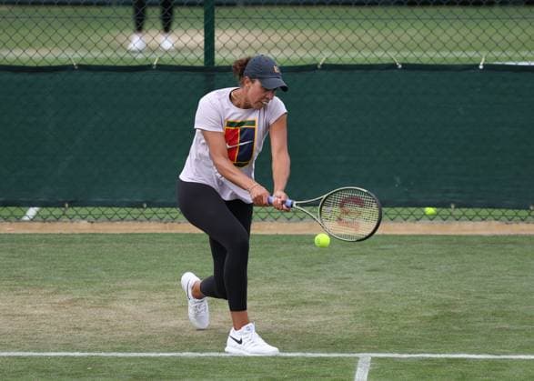 2nd July 2023; All England Lawn Tennis and Croquet Club, London, England: Wimbledon Tennis Tournament Practice Day; Madison Keys (USA) with a backhand shot  ActionPlus12526488 JohnxPatrickxFletcher