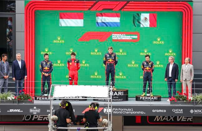 FORMULA 1 - GP of Austria 2023 SPIELBERG,AUSTRIA,02.JUL.23 - MOTORSPORTS, FORMULA 1 - Grand Prix of Austria, Red Bull Ring. Image shows Mark Webber, chancellor Karl Nehammer (Austria), a technician, Charles Leclerc (MON Ferrari), Max Verstappen (NED Red Bull Racing), Sergio Perez (MEX Red Bull Racing), governor Christopher Drexler and president Guenther Tumser (OEAMTC). GEPAxpictures xWolfgangxJannach