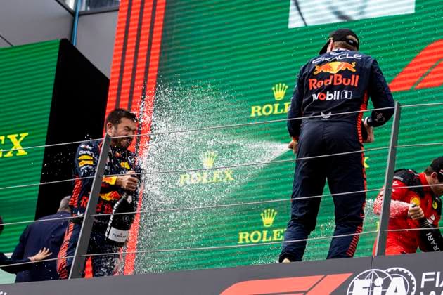 FORMULA 1 - GP of Austria 2023 SPIELBERG,AUSTRIA,02.JUL.23 - MOTORSPORTS, FORMULA 1 - Grand Prix of Austria, Red Bull Ring, podium. Image shows Max Verstappen (NED Red Bull Racing). Keywords: Champagne shower.  GEPAxpictures xMatthiasxTrinkl
