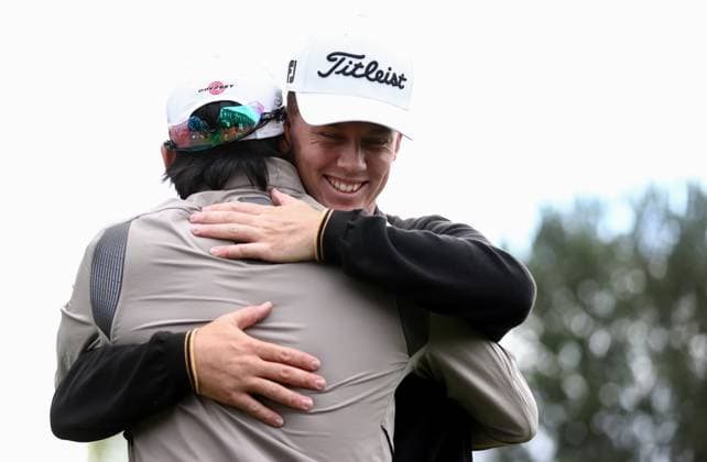Mandatory Credit: Photo by James Marsh Shutterstock (13987427ai) Daniel Hillier of New Zealand celebrates with Min Woo Lee of Australia on the 18th hole. Betfred British Masters, Day Four, Golf, The Belfry Golf Club, Sutton Coldfield, UK - 02 Jul 2023 Betfred British Masters, Day Four, Golf, The Belfry Golf Club, Sutton Coldfield, UK - 02 Jul 2023 Copyright: xJamesxMarsh Shutterstockx 13987427ai