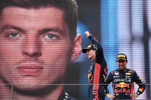 Sport Themen der Woche KW26 Sport Bilder des Tages F1 Austrian Grand Prix 2023 Max Verstappen and Sergio Perez of Red Bull Racing at the podium after the Formula 1 Austrian Grand Prix at Red Bull Ring in Spielberg, Austria on July 2, 2023. Sergio Perez of Red Bull Racing Austria  Copyright: xJakubxPorzyckix originalFilename:porzycki-f1austri230702_npwAc.jpg