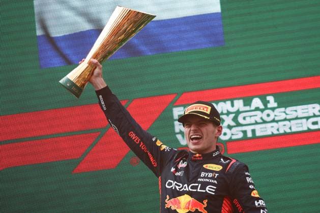 F1 Austrian Grand Prix 2023 Max Verstappen of Red Bull Racing at the podium after the Formula 1 Austrian Grand Prix at Red Bull Ring in Spielberg, Austria on July 2, 2023. Sergio Perez of Red Bull Racing Austria  Copyright: xJakubxPorzyckix originalFilename:porzycki-f1austri230702_np1f6.jpg