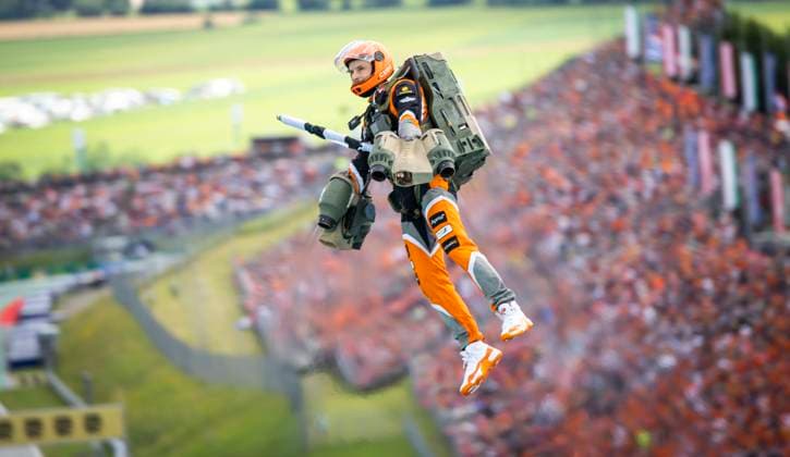 FORMULA 1 - GP of Austria 2023 SPIELBERG,AUSTRIA,02.JUL.23 - MOTORSPORTS, FORMULA 1 - Grand Prix of Austria, Red Bull Ring. Image shows a gravity jet suit pilot.  GEPAxpictures xWolfgangxJannach