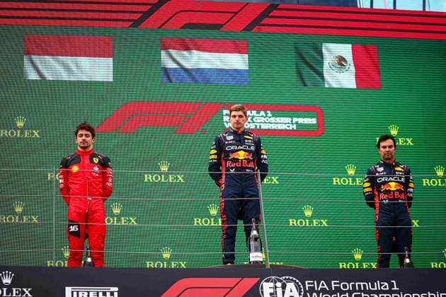 Formula 1 World Championship, WM, Weltmeisterschaft 2023 Austrian GP, Spielberg 29 June-2 July 2023 Podium of the race Max Verstappen; Charles Leclerc;Sergio Perez; during the Austrian GP, Spielberg 29 June-2 July 2023 at the RedBull Ring, Formula 1 World championship 2023. - -  Copyright: xIPAxSport ABACAx BRIPASport20230702_751 IPAxSport ABACAx BRIPASport20230702_751