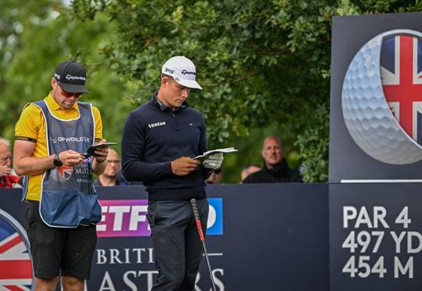 2nd July 2023; The Belfry, Sutton Coldfield, West Midlands, England: Betfred British Masters Golf, Day 4; Niklas Norgaard checks yardage with his caddy on the 18th tee  ActionPlus12526627 GodfreyxPitt