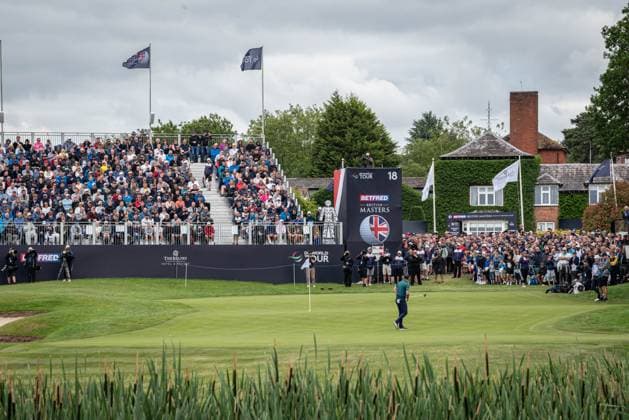 2nd July 2023; The Belfry, Sutton Coldfield, West Midlands, England: Betfred British Masters Golf, Day 4; Justin Rose nearly holes a long putt on the 18th green  ActionPlus12526643 GodfreyxPitt