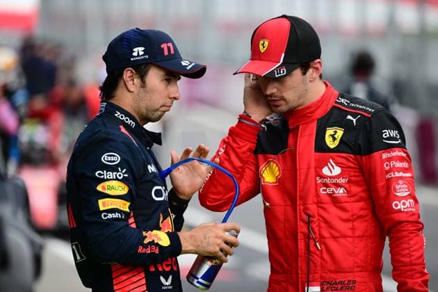 F1 Grand Prix of Austria Sergio Perez of Red Bull Racing Honda and Charles Leclerc of Scuderia Mission Winnow Ferrari speak during race of Austria GP, 10th round of Formula 1 World Championship, WM, Weltmeisterschaft in Red Bull Ring, Spielberg, Osterreich, Austria, 02 07 23 Spielberg Osterreich Austria  Copyright: xAndreaxDiodatox originalFilename:diodato-notitle230702_npJRb.jpg