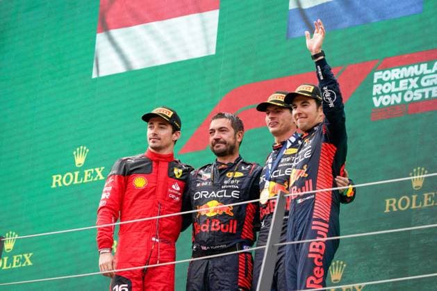 Formula 1 Championship - FORMULA 1 ROLEX GROSSER PREIS VON ÖSTERREICH 2023 - Race e PressConference PODIUM CELEBRATION& xA; Charles Leclerc (MON) Ferrari F1-23& xA; Max Verstappen (NED) Redbull Racing RB19& xA; Sergio Perez (MEX) Redbull Racing RB19& xA;& xA;& xA;during the Race on Sunday Jul2 - FORMULA 1 ROLEX GROSSER PREIS VON OSTERREICH 2023 - Jun29 to Jul2 in RedbullRing - Spielberg, Austria during FORMULA 1 ROLEX GROSSER PREIS VON ÖSTERREICH 2023 - Race e PressConference, Formula 1 Championship in Spielberg, Austria, July 02 2023 Spielberg Red Bull Ring Circuit Austria Copyright: xAlessioxDexMarcox xLiveMediax LPS_989548