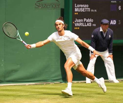 Tennis - 2023 Wimbledon Championships - Week One - Day One - All England Lawn Tennis & Croquet Club, Wimbledon - Monday 3rd July 2023 Lorenzo Musetti v Juan Pablo Varillas Lorenzo Musetti of Italy 