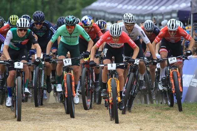 2nd July 2023, Daolasa di Commezzadura, Val di Sole, Trentino, Italy; UCI Mountain Bike World Cup; XCO Cross Country Olympic distance race; Jordan Sarrou (FRA) leads the pack at the start  ActionPlus12526746 PierrexTeyssot