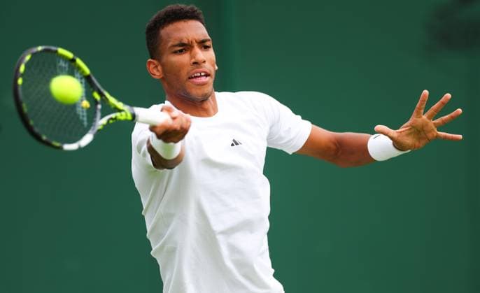 Mandatory Credit: Photo by Ella Ling Shutterstock (13992814v) Felix Auger-Aliassime in Action on Court 12 Wimbledon Tennis Championships, Day 1, The All England Lawn Tennis and Croquet Club, London, UK - 03 Jul 2023 Wimbledon Tennis Championships, Day 1, The All England Lawn Tennis and Croquet Club, London, UK - 03 Jul 2023  Copyright: xEllaxLing Shutterstockx 13992814v