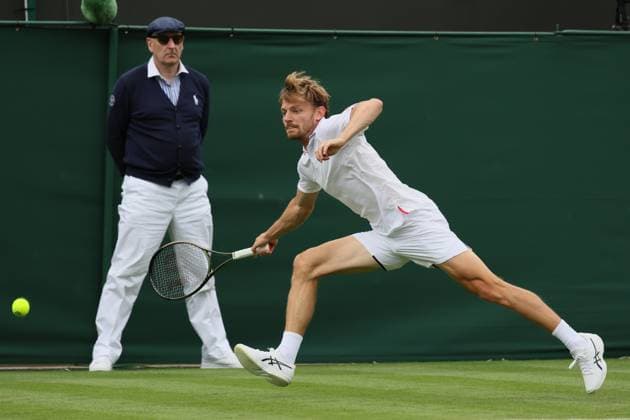 Belgian David Goffin pictured in action during the match between Belgian Goffin and lucky loser Hungarian Marozsan, in the men s Singles First Round, at the 2023 Wimbledon grand slam tennis tournament at the All England Tennis Club, in south-west London, Britain, Monday 03 July 2023. BENOITxDOPPAGNE  x69970464x