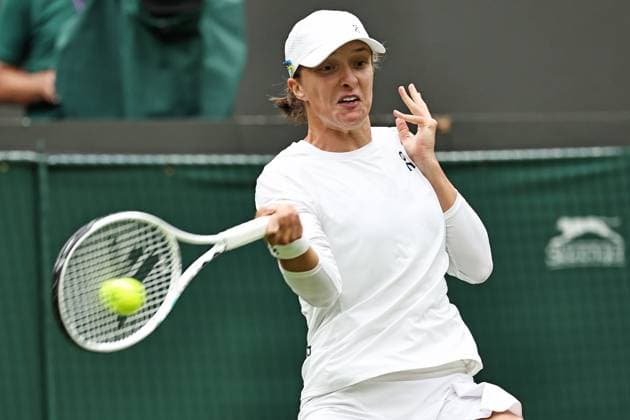 Iga Swiatek, POL, during first round of 2023 All England Lawn Tennis Championships at Wimbledon, womens singles, London, 03 07 2023
