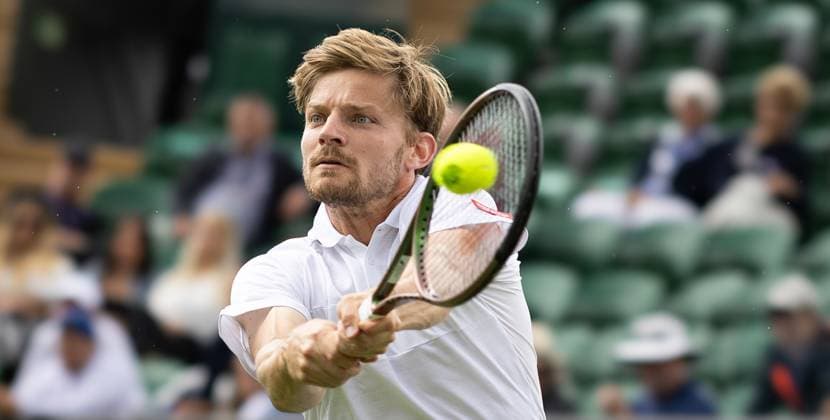 Belgian David Goffin pictured in action during the match between Belgian Goffin and lucky loser Hungarian Marozsan, in the men s Singles First Round, at the 2023 Wimbledon grand slam tennis tournament at the All England Tennis Club, in south-west London, Britain, Monday 03 July 2023. BENOITxDOPPAGNE  x69978532x