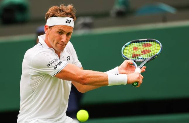 Mandatory Credit: Photo by Ella Ling Shutterstock (13992814aq) Casper Ruud in Action on Court 1 Wimbledon Tennis Championships, Day 1, The All England Lawn Tennis and Croquet Club, London, UK - 03 Jul 2023 Wimbledon Tennis Championships, Day 1, The All England Lawn Tennis and Croquet Club, London, UK - 03 Jul 2023  Copyright: xEllaxLing Shutterstockx 13992814aq