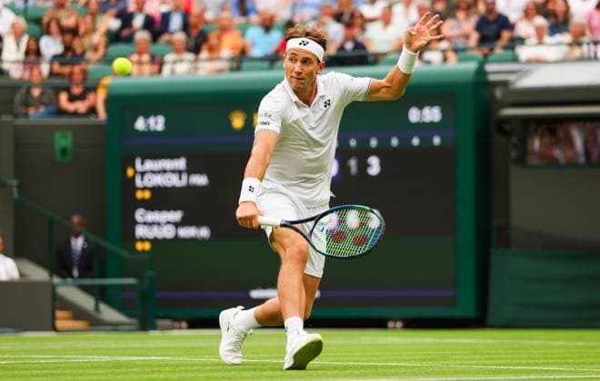 Mandatory Credit: Photo by Ella Ling Shutterstock (13992814bh) Casper Ruud in Action on Court 1 Wimbledon Tennis Championships, Day 1, The All England Lawn Tennis and Croquet Club, London, UK - 03 Jul 2023 Wimbledon Tennis Championships, Day 1, The All England Lawn Tennis and Croquet Club, London, UK - 03 Jul 2023  Copyright: xEllaxLing Shutterstockx 13992814bh