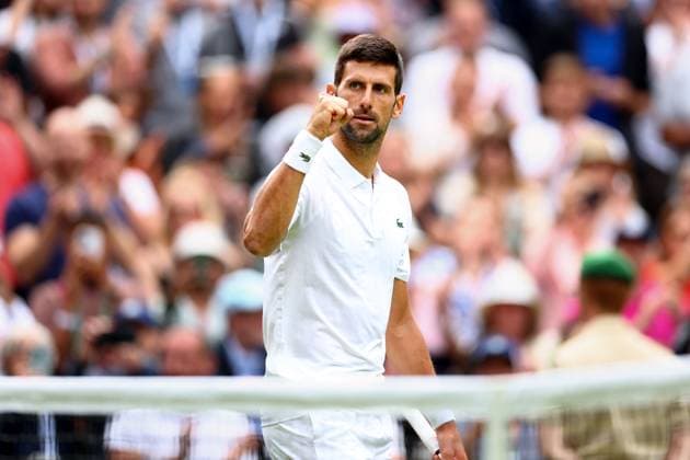 Mandatory Credit: Photo by Simon Dael Shutterstock (13992952ea) Novak Djokovic celebrates victory in his first round match Wimbledon Tennis Championships, Day 1, The All England Lawn Tennis and Croquet Club, London, UK - 03 Jul 2023 Wimbledon Tennis Championships, Day 1, The All England Lawn Tennis and Croquet Club, London, UK - 03 Jul 2023  Copyright: xSimonxDael Shutterstockx 13992952ea