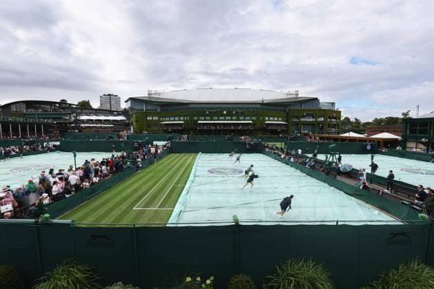 Wimbledon Tag Eins 3. Juli 2023, Wimbledon Wimbledon Tennis Championships Tag Eins Platzpersonal zieht die wasserdichten Abdeckungen vom Außenplatz ab, während sich in der Ferne der Centre Court abzeichnet Foto Charlotte Wilson Offside Wimbledon UK  Copyright: xCharlottexWilsonx xOffsidexOffside