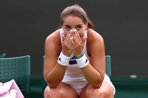 3rd July 2023; All England Lawn Tennis and Croquet Club, London, England: Wimbledon Tennis Tournament; Jodie Burrage celebrates as she wins the match against Caty McNally in her womens singles match  ActionPlus12526796 ShaunxBrooks