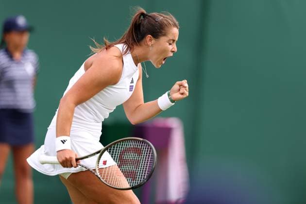 3rd July 2023; All England Lawn Tennis and Croquet Club, London, England: Wimbledon Tennis Tournament; Jodie Burrage celebrates as she breaks serve against Caty McNally in her womens singles match  ActionPlus12526803 ShaunxBrooks