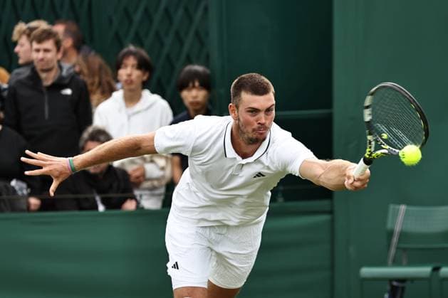 Maximilian Marterer, GER, during first round of 2023 All England Lawn Tennis Championships at Wimbledon, gentlemens singles, London, 03 07 2023