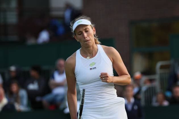 Belgian Elise Mertens reacts during the match between Belgian Mertens and Slovakian Hruncakova, in the Women s Singles First Round, at the 2023 Wimbledon grand slam tennis tournament at the All England Tennis Club, in south-west London, Britain, Monday 03 July 2023. BENOITxDOPPAGNE  x70004517x