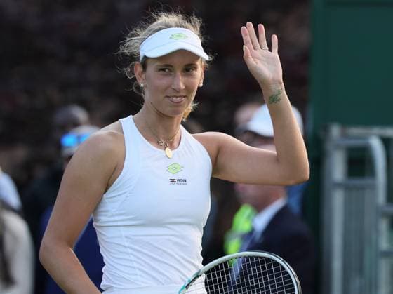 Belgian Elise Mertens reacts after winning the match between Belgian Mertens and Slovakian Hruncakova, in the Women s Singles First Round, at the 2023 Wimbledon grand slam tennis tournament at the All England Tennis Club, in south-west London, Britain, Monday 03 July 2023. BENOITxDOPPAGNE  x70004536x