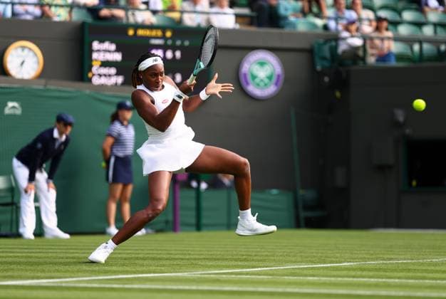 Mandatory Credit: Photo by Simon Dael Shutterstock (13992952fg) Cori Gauff during her first round match Wimbledon Tennis Championships, Day 1, The All England Lawn Tennis and Croquet Club, London, UK - 03 Jul 2023 Wimbledon Tennis Championships, Day 1, The All England Lawn Tennis and Croquet Club, London, UK - 03 Jul 2023  Copyright: xSimonxDael Shutterstockx 13992952fg