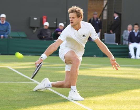 Tennis - 2023 Wimbledon Championships - Week One - Day One - All England Lawn Tennis & Croquet Club, Wimbledon - Monday 3rd July 2023 Yannick Hanfmann (GER) v Taylor Fritz (USA) Yannick Hanfmann (GERMANY) 