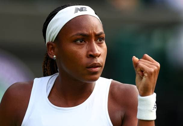 Mandatory Credit: Photo by Simon Dael Shutterstock (13992952fn) Cori Gauff celebrates during her first round match Wimbledon Tennis Championships, Day 1, The All England Lawn Tennis and Croquet Club, London, UK - 03 Jul 2023 Wimbledon Tennis Championships, Day 1, The All England Lawn Tennis and Croquet Club, London, UK - 03 Jul 2023  Copyright: xSimonxDael Shutterstockx 13992952fn