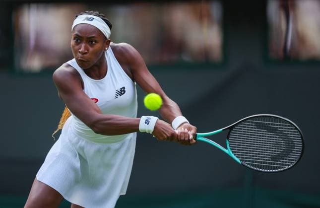 Mandatory Credit: Photo by Ella Ling Shutterstock (13992814fa) Coco Gauff in action Wimbledon Tennis Championships, Day 1, The All England Lawn Tennis and Croquet Club, London, UK - 03 Jul 2023 Wimbledon Tennis Championships, Day 1, The All England Lawn Tennis and Croquet Club, London, UK - 03 Jul 2023  Copyright: xEllaxLing Shutterstockx 13992814fa