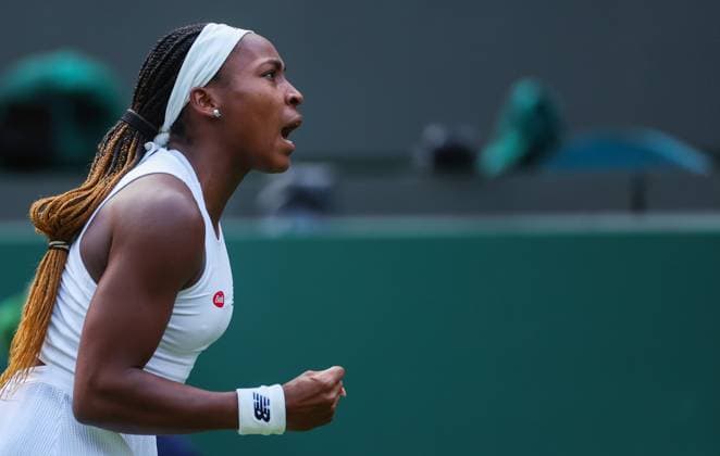 Mandatory Credit: Photo by Ella Ling Shutterstock (13992814fh) Coco Gauff celebrates Wimbledon Tennis Championships, Day 1, The All England Lawn Tennis and Croquet Club, London, UK - 03 Jul 2023 Wimbledon Tennis Championships, Day 1, The All England Lawn Tennis and Croquet Club, London, UK - 03 Jul 2023  Copyright: xEllaxLing Shutterstockx 13992814fh