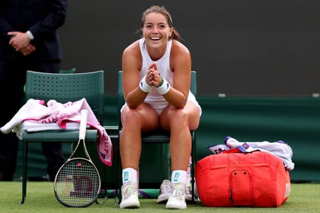 Sport Bilder des Tages 3rd July 2023; All England Lawn Tennis and Croquet Club, London, England: Wimbledon Tennis Tournament; Jodie Burrage celebrates as she wins the match against Caty McNally , womens singles  ActionPlus12526871 ShaunxBrooks