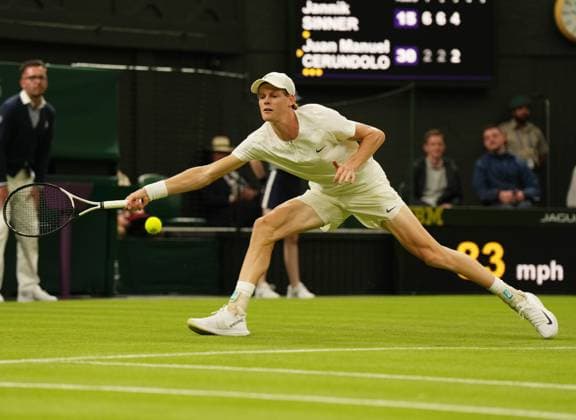 Tennis - 2023 Wimbledon Championships - Week One - Day One - All England Lawn Tennis & Croquet Club, Wimbledon - Monday 3rd July 2023 Yannick Sinner (ITA) v Juan Manuel Cerundolo (ARG) Yannick Sinner (ITA 