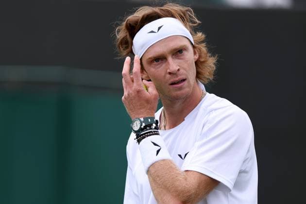 3rd July 2023; All England Lawn Tennis and Croquet Club, London, England: Wimbledon Tennis Tournament; Andrey Rublev during his match with Max Purcell  ActionPlus12526914 ShaunxBrooks