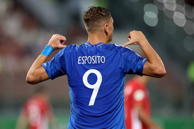 TA™QALI, MALTA JULY 3: Italy Under-19 soccer player Pio Esposito reacts after scoring from a penalty during the UEFA European Under-19 Championship 2022 23 Group A match between Malta and Italy at National Stadium on July 3, 2023, in Ta™Qali, Malta. UEFA European Under-19 Championship 2022 23 Final Tournament in Malta UEFA_U19_2023