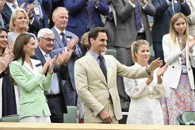 Tennis : Wimbledon 2023 - Angleterre - Hmmage a Roger Federer dans la Royal Box - en presence de Kate Tennis : Wimbledon 2023 - Angleterre- 04 07 23 ChrysleneCaillaud Panoramic  