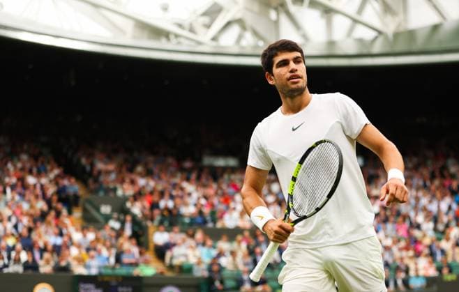 Mandatory Credit: Photo by Ella Ling Shutterstock (13995851w) Carlos Alcaraz Wimbledon Tennis Championships, Day 2, The All England Lawn Tennis and Croquet Club, London, UK - 04 Jul 2023 Wimbledon Tennis Championships, Day 2, The All England Lawn Tennis and Croquet Club, London, UK - 04 Jul 2023  Copyright: xEllaxLing Shutterstockx 13995851w