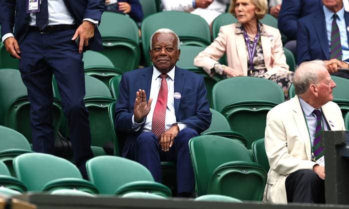 Mandatory Credit: Photo by Simon Dael Shutterstock (13995905ch) Trevor McDonald Wimbledon Tennis Championships, Day 2, The All England Lawn Tennis and Croquet Club, London, UK - 04 Jul 2023 Wimbledon Tennis Championships, Day 2, The All England Lawn Tennis and Croquet Club, London, UK - 04 Jul 2023  Copyright: xSimonxDael Shutterstockx 13995905ch