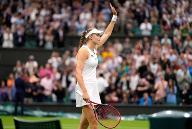 Mandatory Credit: Photo by Dave Shopland Shutterstock (13995876cp) Elena Rybakina celebrates victory in her first round match Wimbledon Tennis Championships, Day 2, The All England Lawn Tennis and Croquet Club, London, UK - 04 Jul 2023 Wimbledon Tennis Championships, Day 2, The All England Lawn Tennis and Croquet Club, London, UK - 04 Jul 2023  Copyright: xDavexShopland Shutterstockx 13995876cp