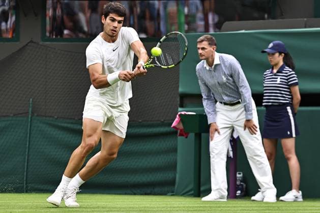 Carlos Alcaraz, ESP, during first round of 2023 All England Lawn Tennis Championships at Wimbledon, gentlemens singles, London, 04 07 2023