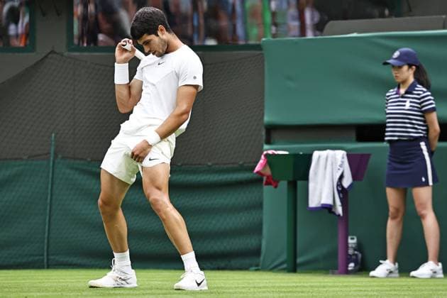 Carlos Alcaraz, ESP, during first round of 2023 All England Lawn Tennis Championships at Wimbledon, gentlemens singles, London, 04 07 2023