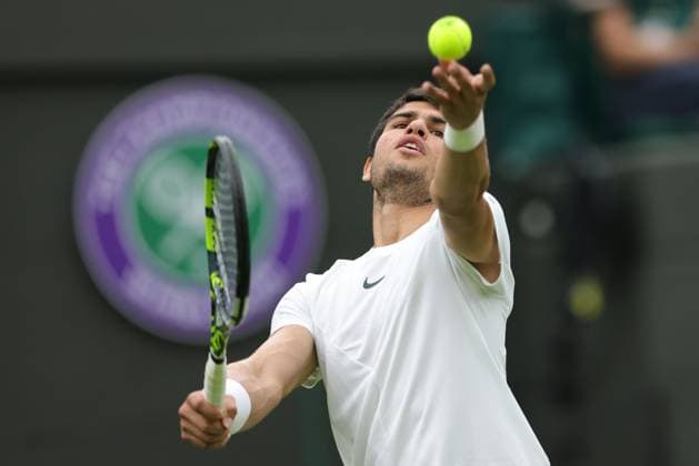 Carlos Alcaraz, ESP, during first round of 2023 All England Lawn Tennis Championships at Wimbledon, gentlemens singles, London, 04 07 2023