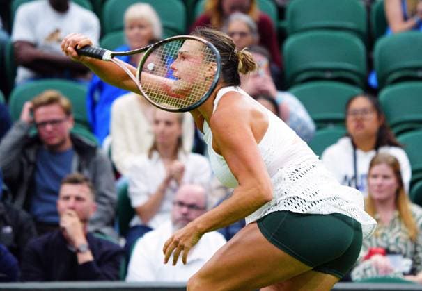 Mandatory Credit: Photo by Javier Garcia Shutterstock (13995877ml) Aryna Sabalenka during her first round match. Female players are allowed to wear coloured undershorts for the first time Wimbledon Tennis Championships, Day 2, The All England Lawn Tennis and Croquet Club, London, UK - 04 Jul 2023 Wimbledon Tennis Championships, Day 2, The All England Lawn Tennis and Croquet Club, London, UK - 04 Jul 2023  Copyright: xJavierxGarcia Shutterstockx 13995877ml