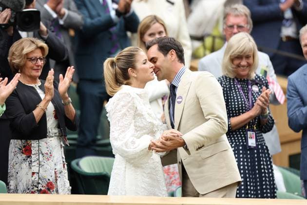 Roger Federer (Sui) and his wife Mirka TENNIS : Wimbledon 2023 - 04 07 2023 AntoineCouvercelle Panoramic  