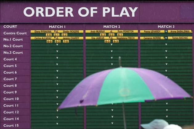 Wimbledon Tag Zwei 4. Juli 2023, Wimbledon Wimbledon Tennis Championships Tag Zwei Ein Zuschauer geht mit einem Regenschirm vor dem Spielplan herum Foto Charlotte Wilson Abseits Wimbledon UK  Copyright: xCharlottexWilsonx xOffsidexOffside
