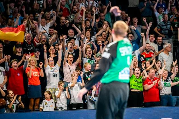 Berlin, 02 July 2023 Handball U21 World Cup Final Germany Hungary Fankurve Fans Fanblock cheering Goalkeeper David Späth Spaeth Germany Rhein Neckar Loewen Berlin Max Schmeling Halle Berlin Germany