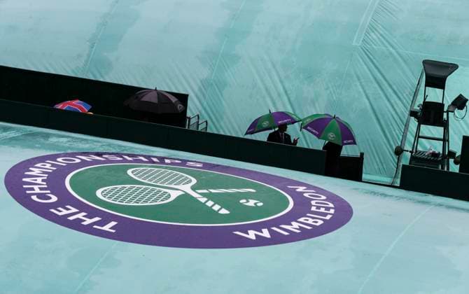 (230705) -- LONDON, July 5, 2023 -- Courts are covered from rain during the second day at Wimbledon tennis Championship in London, Britain, on July 4, 2023. Rain stopped play at Wimbledon for the second day. ) (SP)BRITAIN-LONDON-TENNIS-WIMBLEDON-DAY 2 HanxYan 