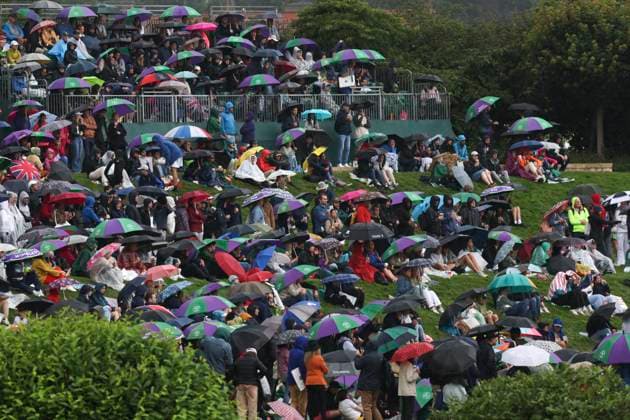 (230705) -- LONDON, July 5, 2023 -- People with umbrellas watch live broadcasting of matches from the big screen during the second day at Wimbledon tennis Championship in London, Britain, on July 4, 2023. Rain stopped play at Wimbledon for the second day. ) (SP)BRITAIN-LONDON-TENNIS-WIMBLEDON-DAY 2 HanxYan 
